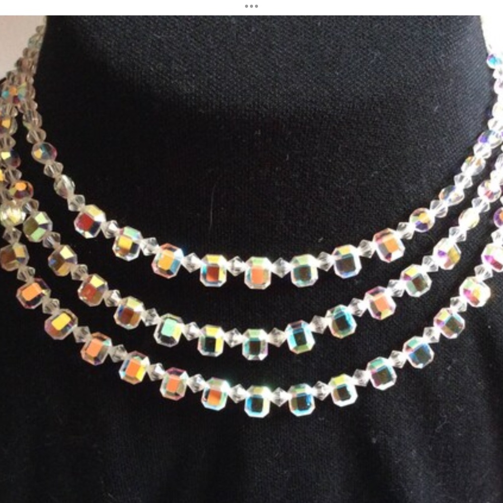 1950s Vintage Crystal Multi Strand Necklace Emerald Cut Clear Prism Silver